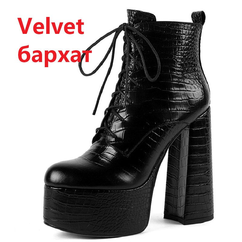 Elegant Mature Women Ankle Boots Cross-Tied Platforms Genuine Leather High Heels Party Office Autumn Winter Shoes