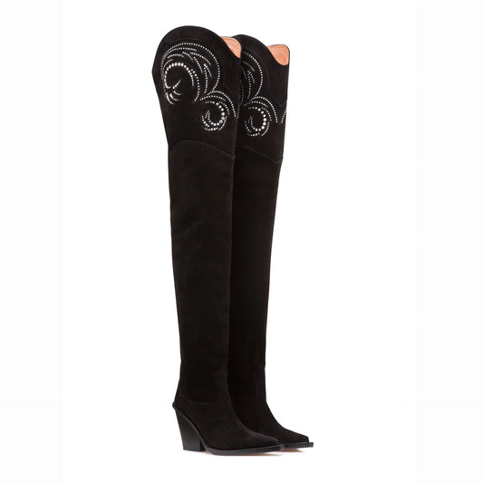 Designer Brand Wedge Heel Over The Knee Boots Suede Leather Pointed Toe Embroidery Long Boots Winter Women's Dress Shoes