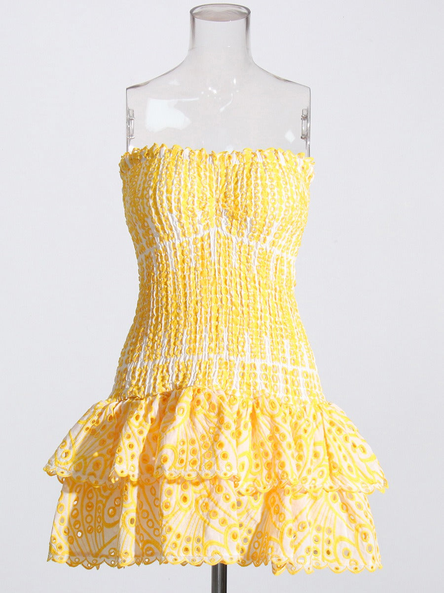 Embroidery Dress For Women Strapless Sleeveless High Waist Patchwork Folds Slimming Dresses