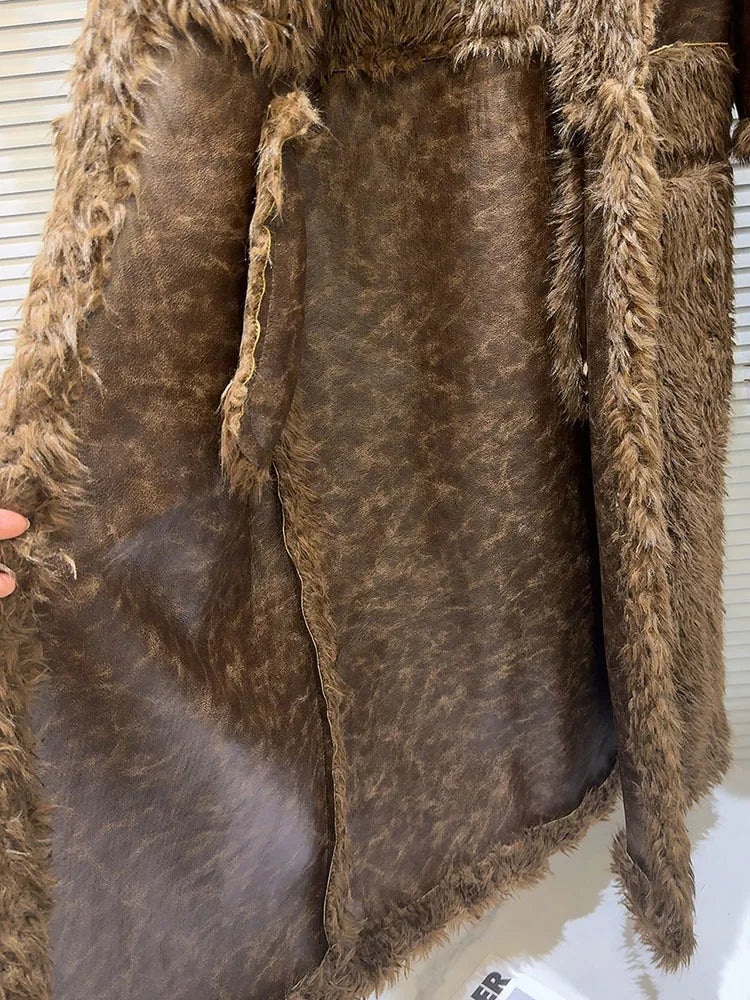 Trendy Fashion Women's Faux Fur Plush Spliced Leather Coat  Winter New Items Long Sleeves Trench Jacket Female