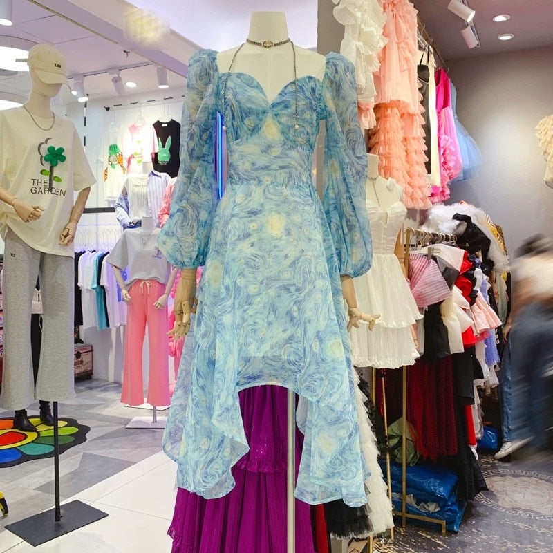 Light Blue Van Gogh's Starry Sky Pattern Sweetheart Collar Lanter Sleeve Asymmetrical Chiffon Dresses