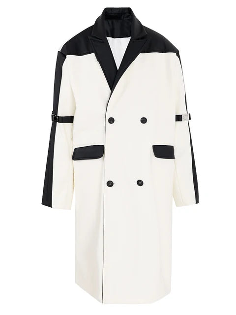 Women White Color-block Big Size Leather Trench New Lapel Long Sleeve Windbreaker Fashion Tide Spring Autumn