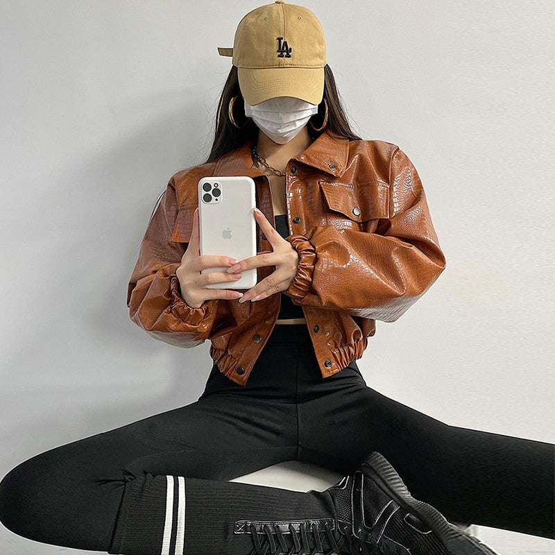 Lautaro Spring Autumn Short Cool Oversized Crocodile Print Faux Leather Jacket Women Button Up European Fashion Streetwear