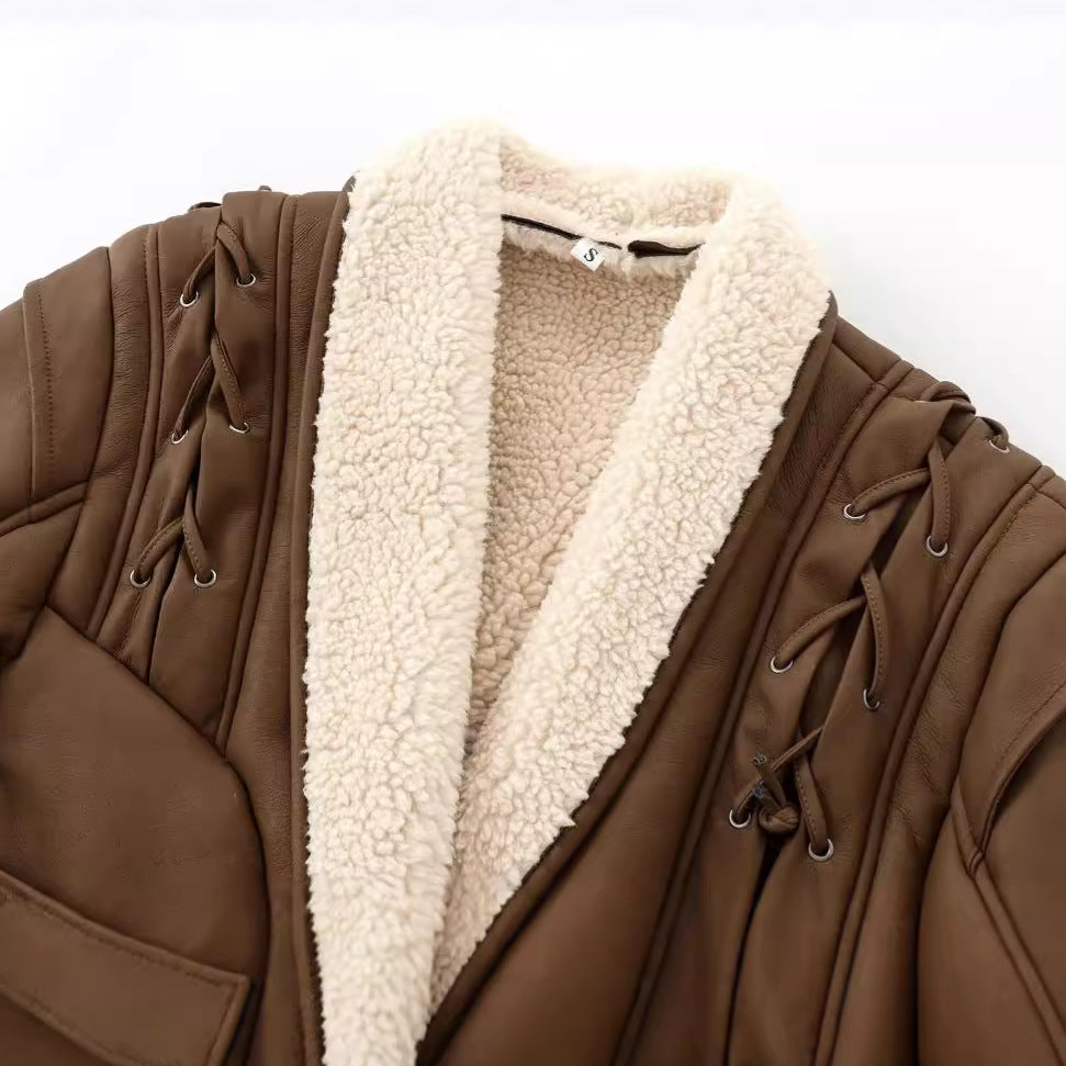 European and American style women's clothing new French waist cinching slimming suede leather jacket with tie up jacket