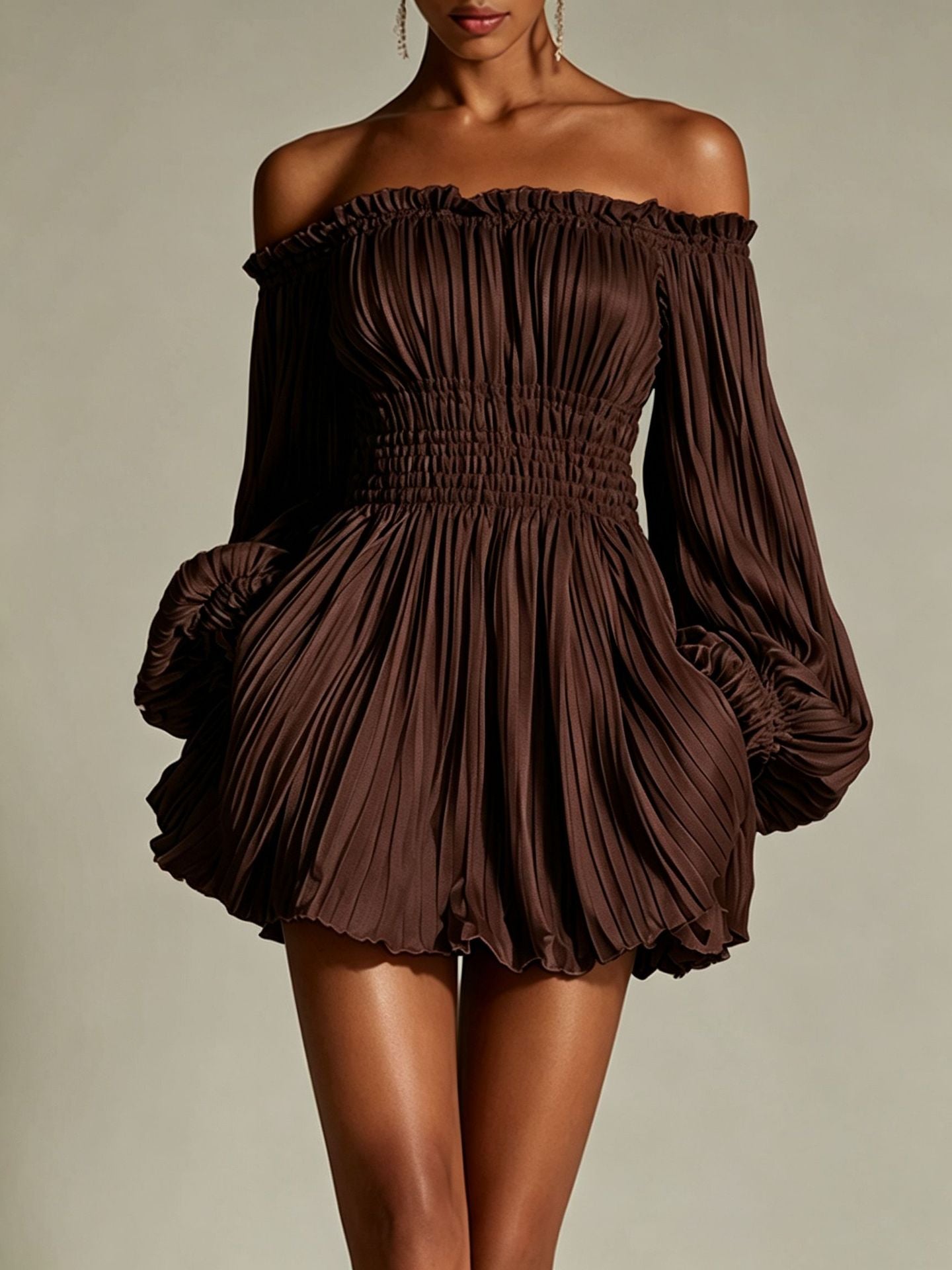 Elegant One-Shoulder Pleated Fitted Long Sleeve Dress for Women