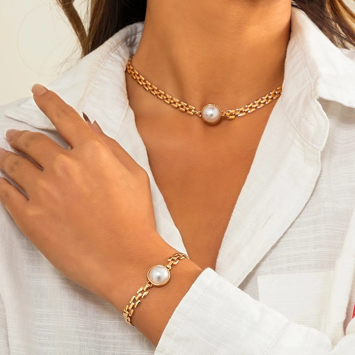 Pearl Necklace Geometric Metal Chain