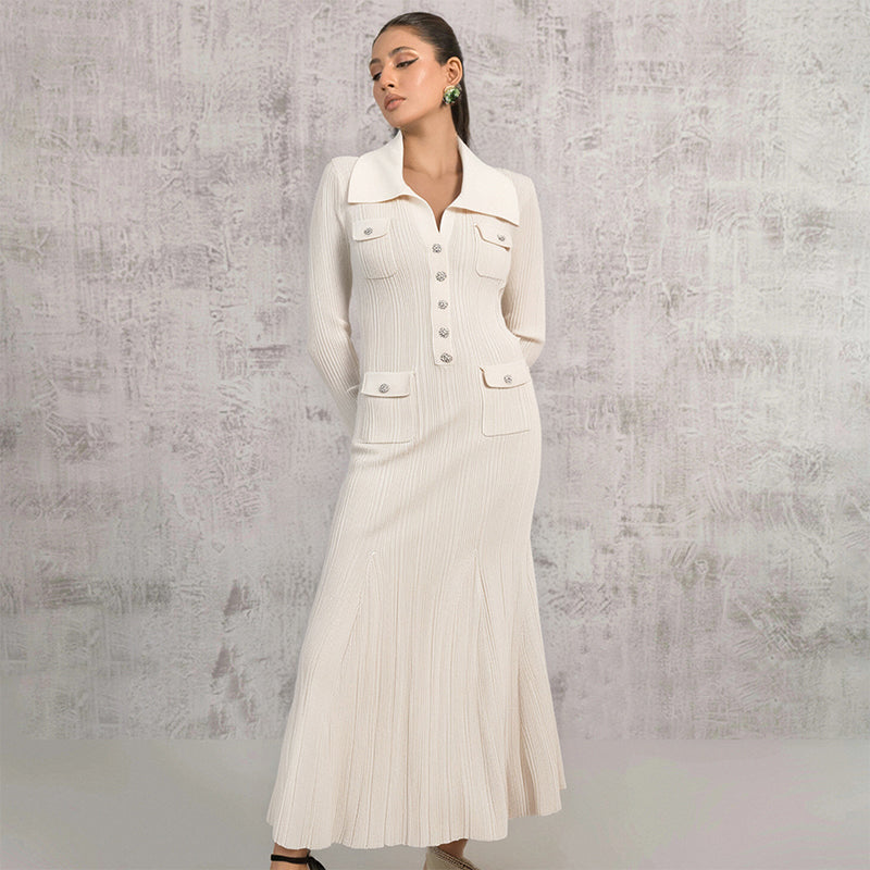 Ivory fishtail maxi dress delicate and elegant ribbed knit long sleeve stretch slim wrap Womens dresses  spring new