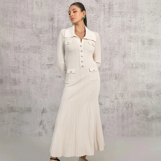 Ivory fishtail maxi dress delicate and elegant ribbed knit long sleeve stretch slim wrap Womens dresses  spring new