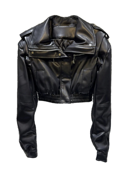 Fashion Women's Turn-dowm Collar PU Leather Coat  Winter Trendy New Long Sleeves Zipper Pockets Jacket Female