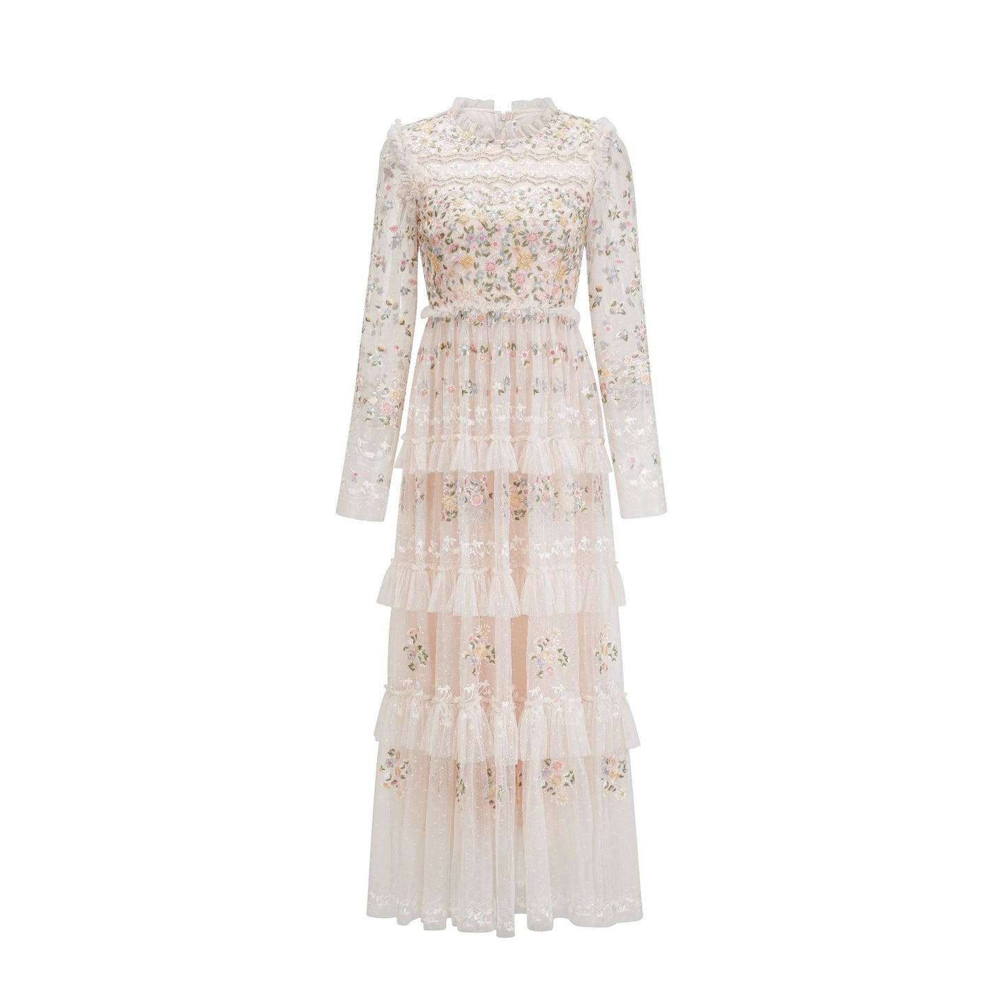 Elegant Floral Embroidery Flared Long Gown