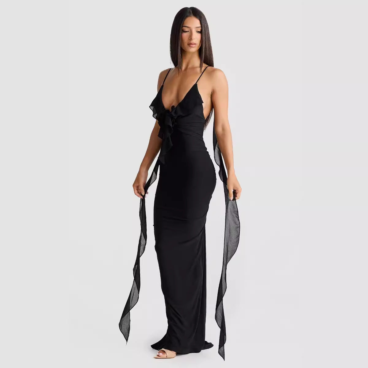 Dress V-neck backless slim fit shoulder strap fishtail evening gown