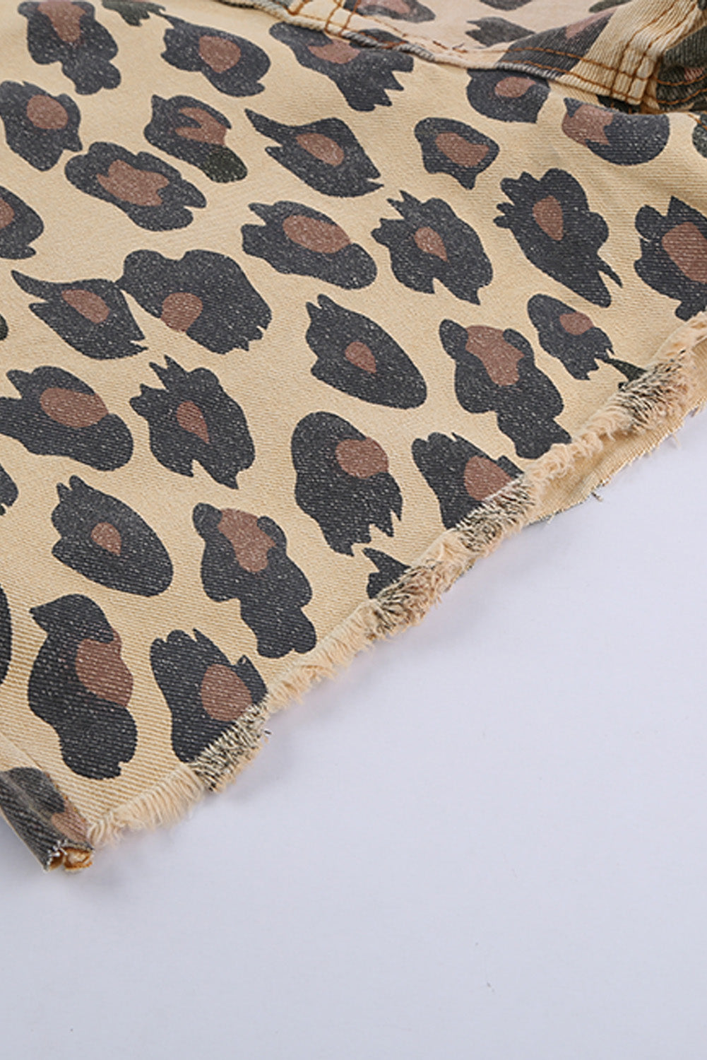 Leopard Mid Waist Frayed Hemline Denim Shorts