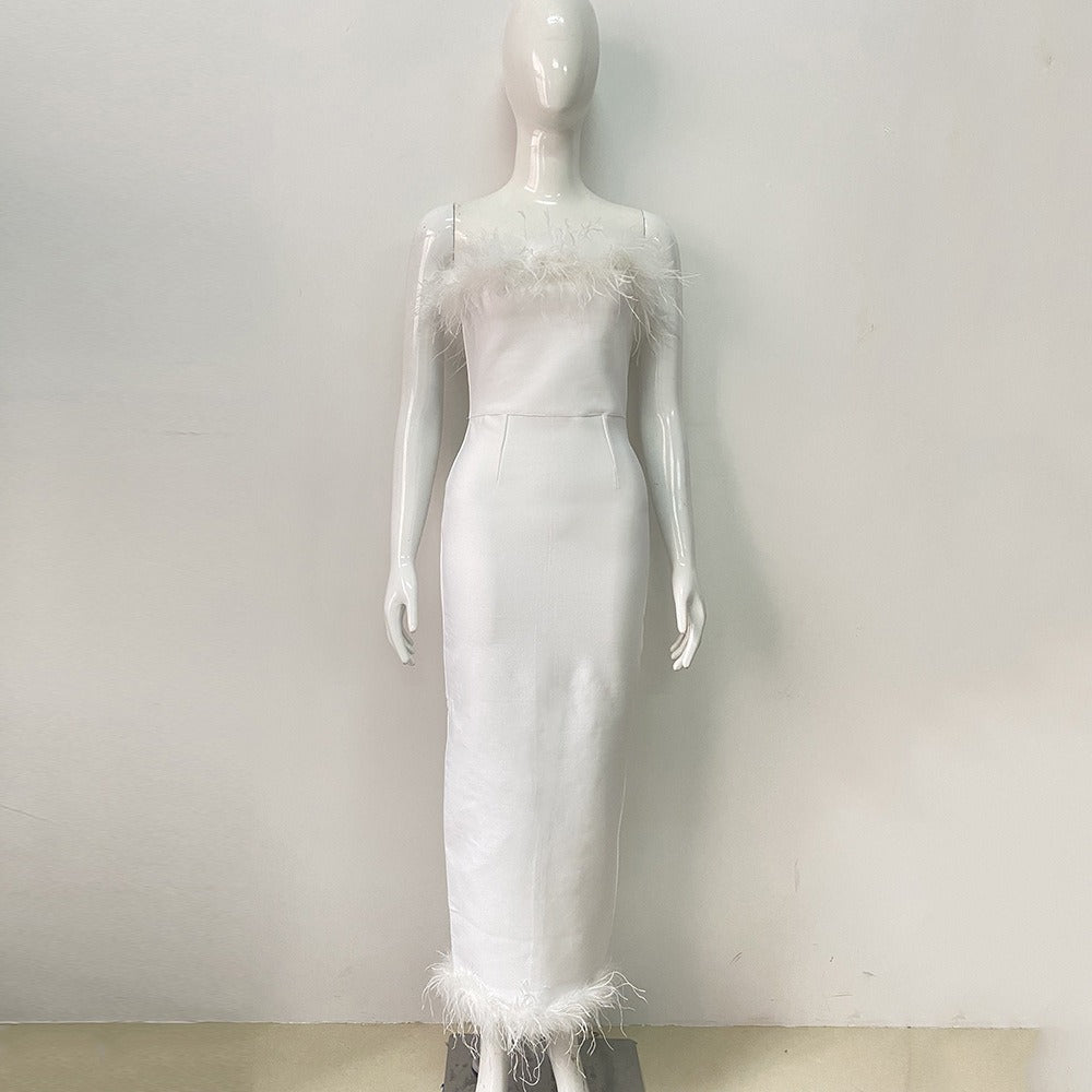 Patchwork Feathers Dresses For Women Strapless Sleeveless High Waist Tunic Slimming Solid Elegant Dress