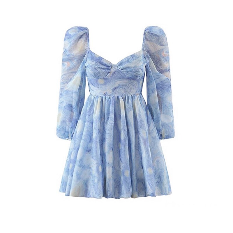 Light Blue Van Gogh's Starry Sky Pattern Sweetheart Collar Lanter Sleeve Asymmetrical Chiffon Dresses