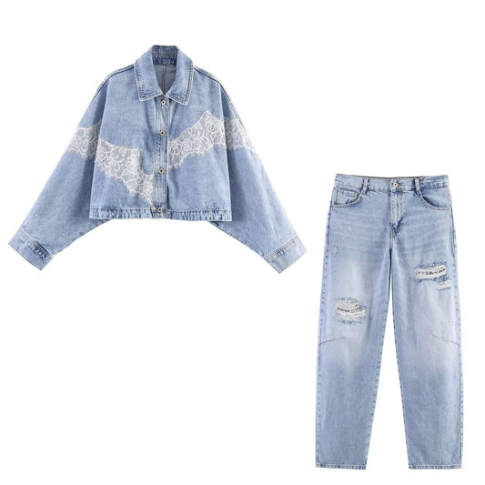 Lace denim jacket+denim Set