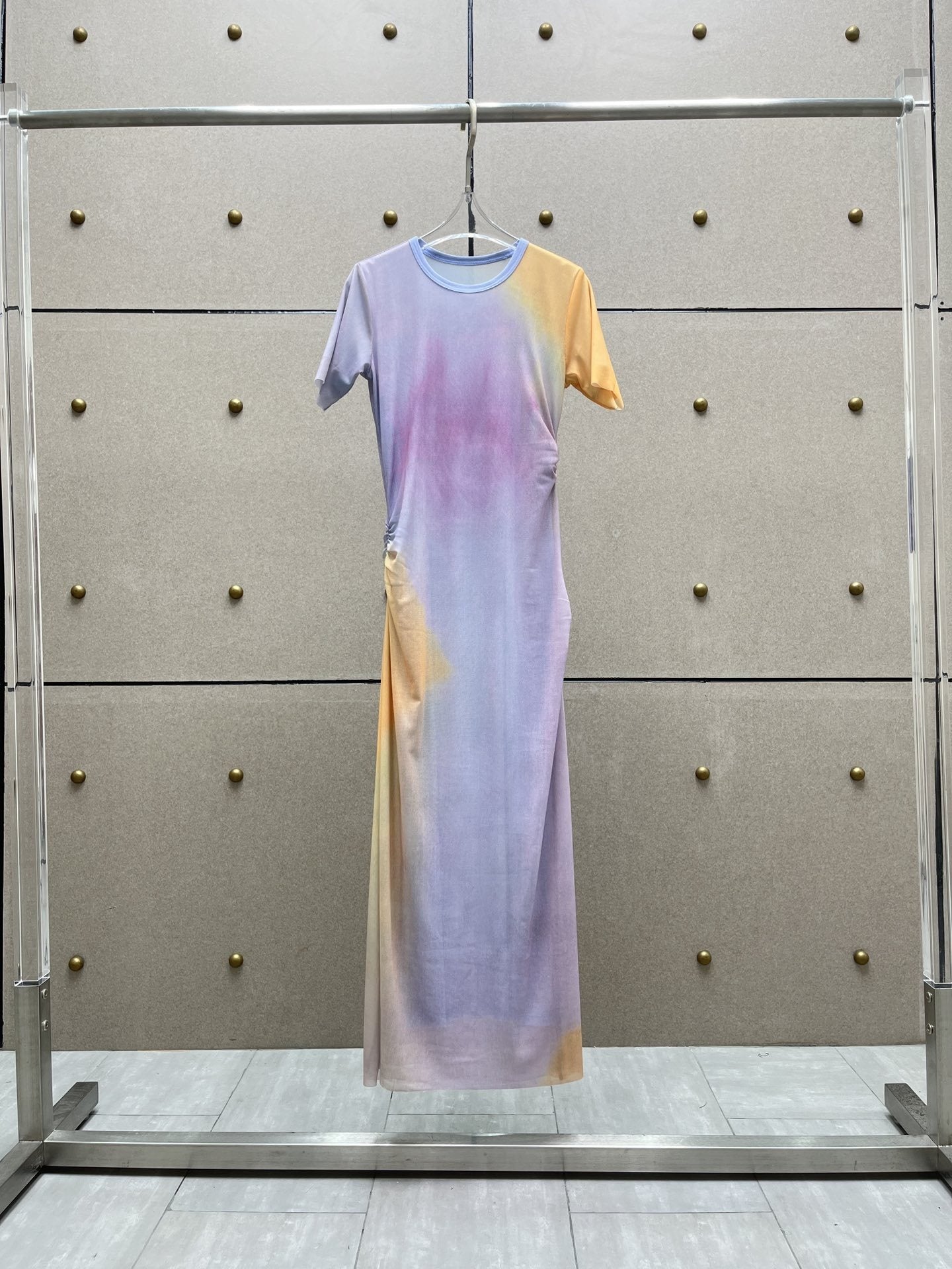 Pleated Slim Fit Dress Fashion Gradient Printing Long Dresses y2k Short Sleeved Top