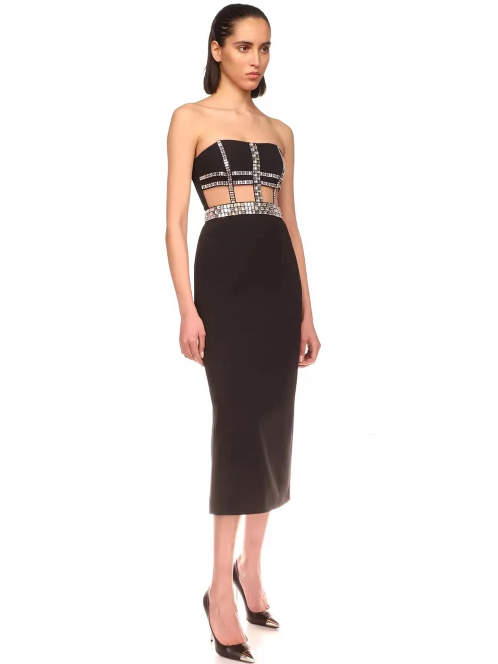 Knitted black strapless beaded evening dress with bandages and backless dress