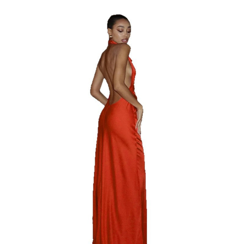 Halter Neck Satin Sexy Backless Evening Dress Women's Long Gown
