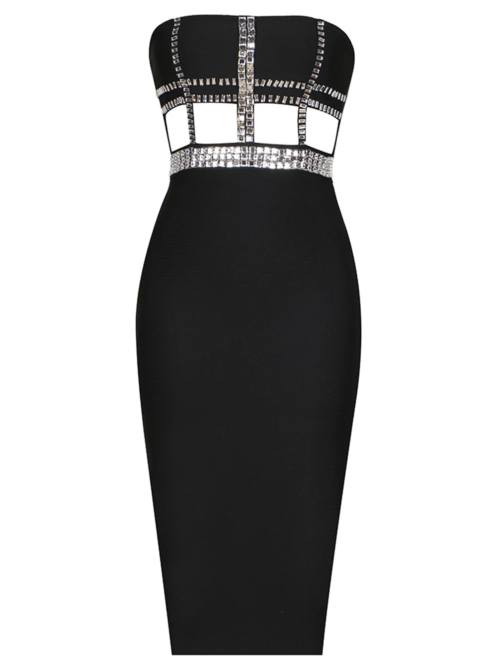 Knitted black strapless beaded evening dress with bandages and backless dress