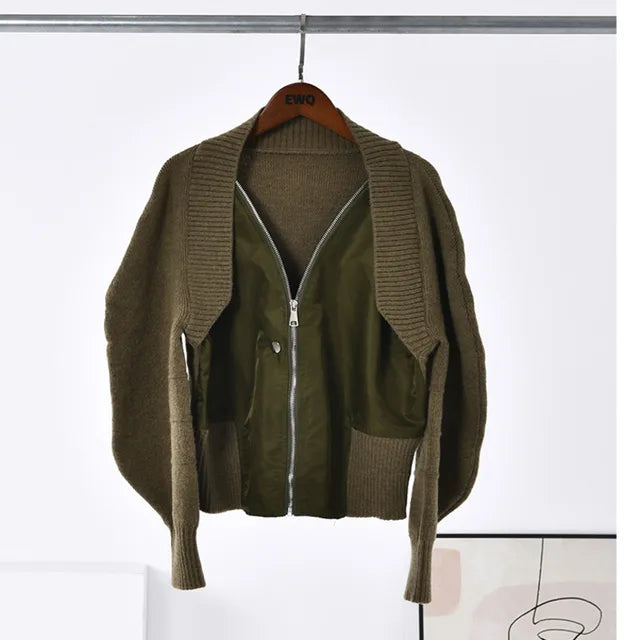 Vintage Knitted Spliced Fake Two Pieces Coat Women Patchwork Bomber Jacket Trend Ladies Outerwear Tops winter