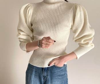 Slim Fit Women's Pullover Sweater with Puff Sleeves