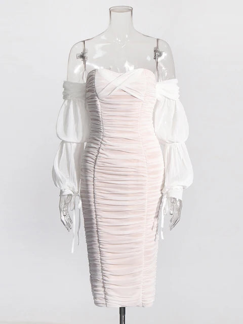 Solid Spliced Folds Elegant Dresses For Women Strapless Long Sleeve Off Shoulder High Waist Split Slim Dress Female