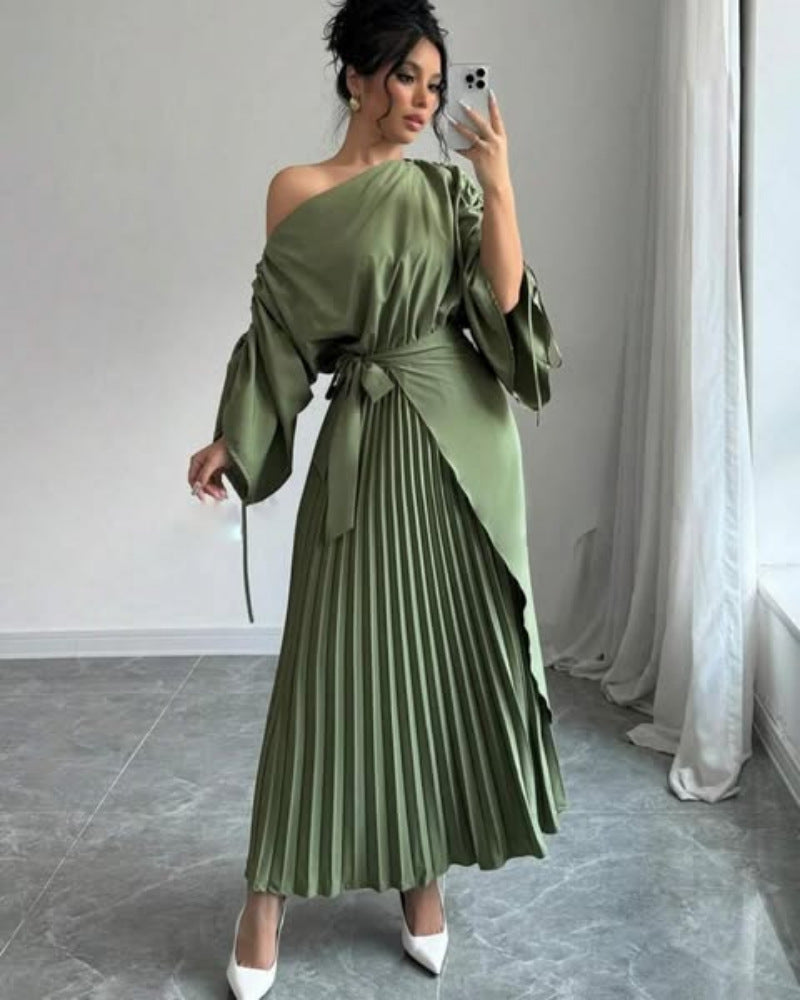 Pleated Flared Hem Evening Dress with Waistband for Women