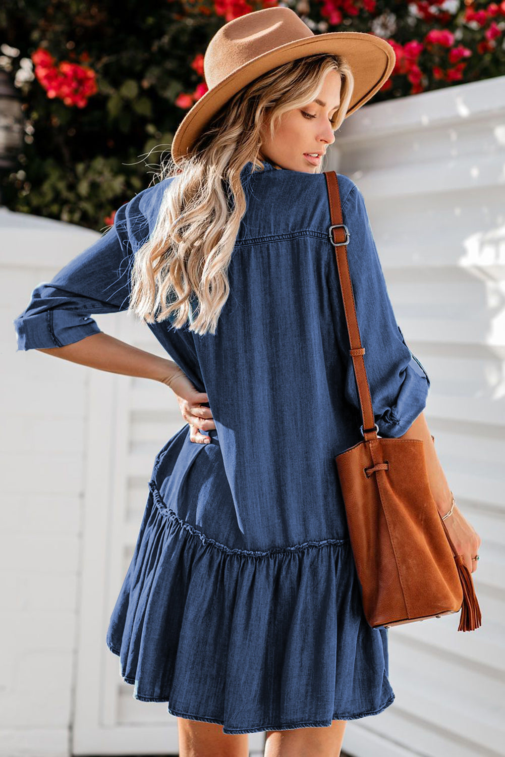 Pocketed Ruffled Denim Shirt Mini Dress