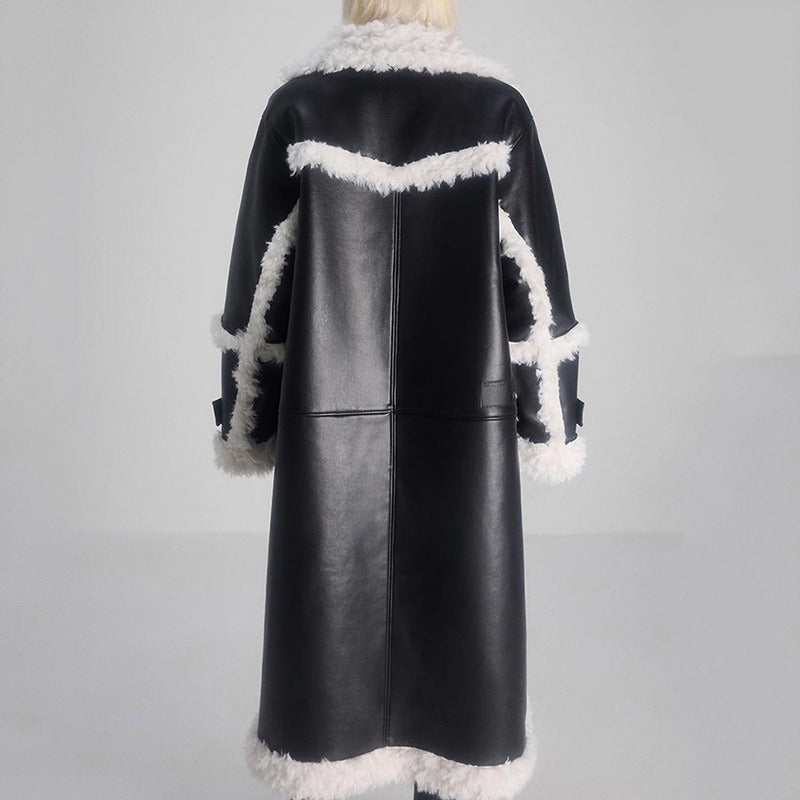 Women's Lamb Wool Splicing Trench Lapel Single Breasted Mid-ccalf Full Sleeve Black Suede Windbreak
