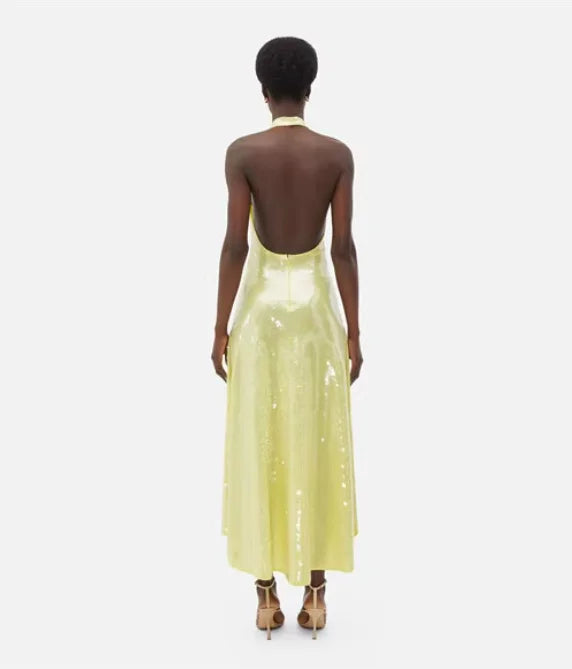 Fashion Women's Dress Hatler Sleeveless Lemon Yellow Sequin High Waist Backless Mid-calf Dresses Autumn  New