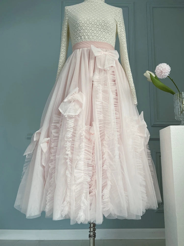 High-End Mesh Long Skirt Handmade Bow Gauze Skirt Fairy High Waist Slimming Umbrella Skirt Designer Model Skirt Evening Dresses
