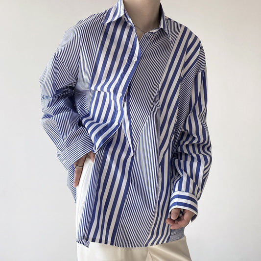 Women's Stripe Shirt Lapel Long Sleeves Single Breasted Irregular Spliced Blue Blouses Autumn