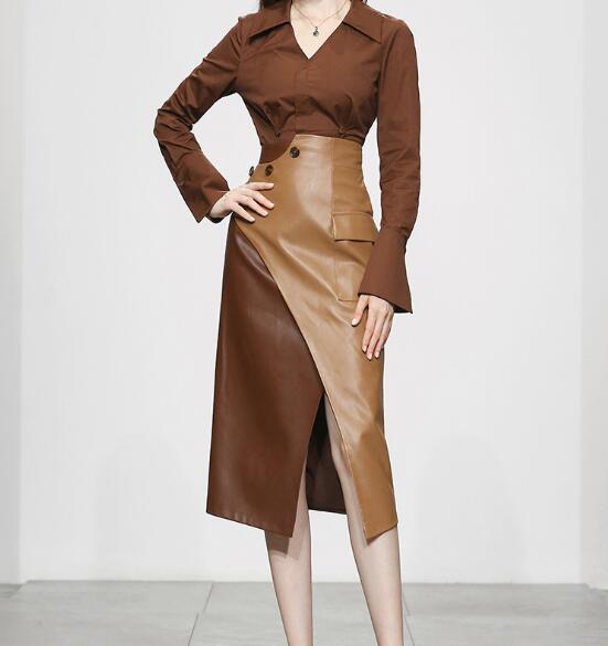 Two-Piece Brown Leather Skirt