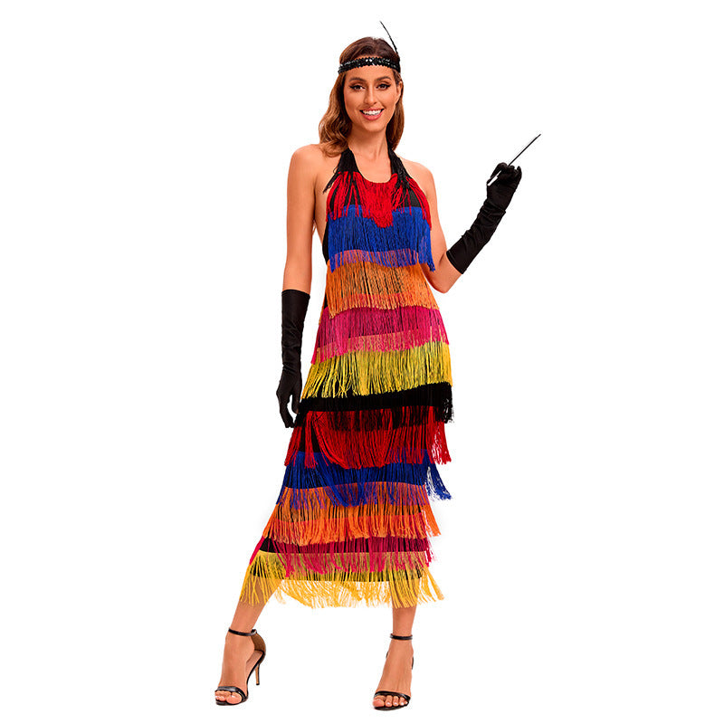Peacock Dance Women's Bohemia Rainbow Tassel Dress, Sexy Backless Evening Gown for Stage Performance
