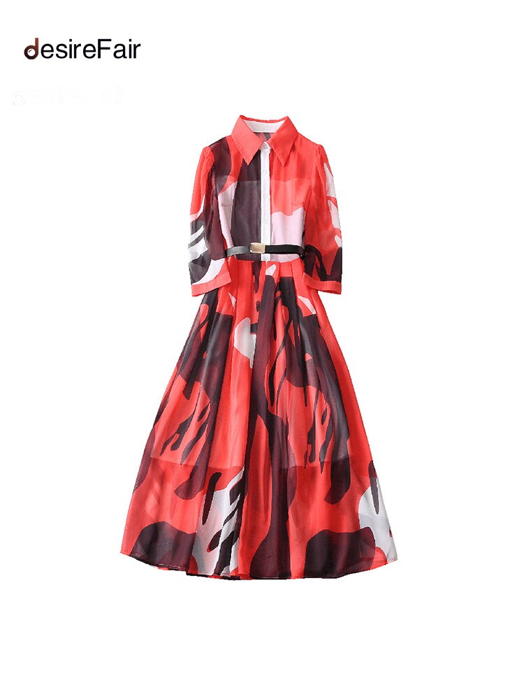 DesireFair Trendy Spring And Summer Mid-Length Women Commuter Style Single-Row Multi-Button Belt Mid-Waist Lapel Print Dresses