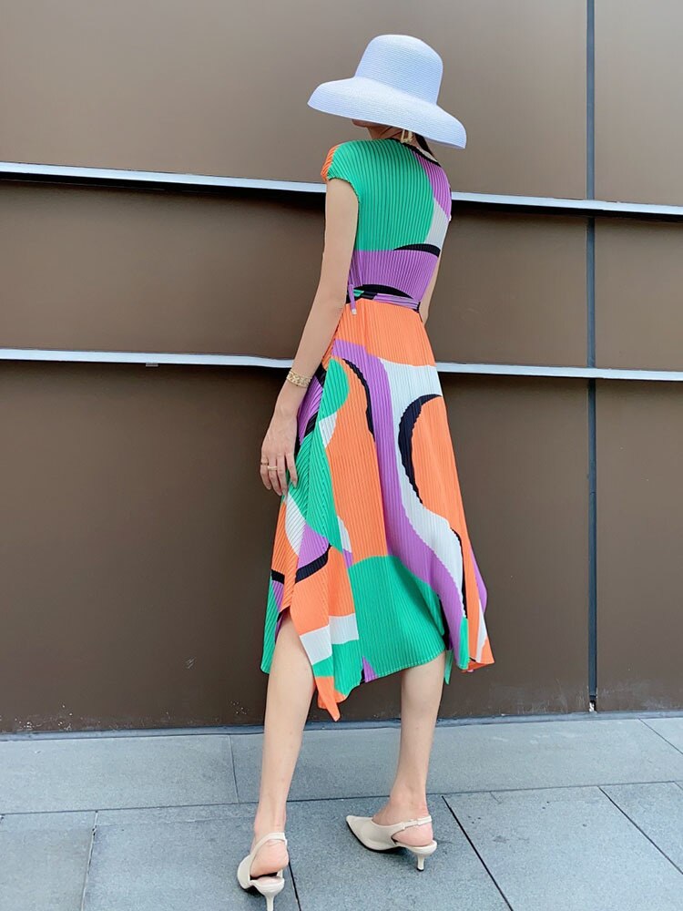 Women Pleated Dress Orange Color Block Print Round Collar With Belt Elegant Dresses