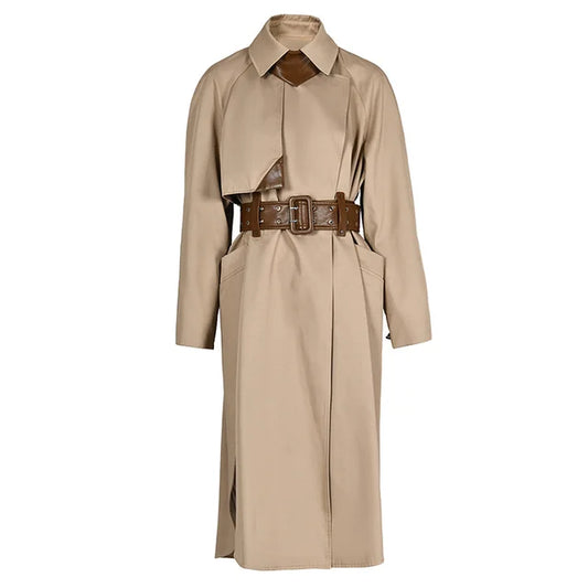 Camel Pu Leather Spliced Big Size Trench Women New Lapel Long Sleeve Windbreaker Fashion Tide Spring Autumn