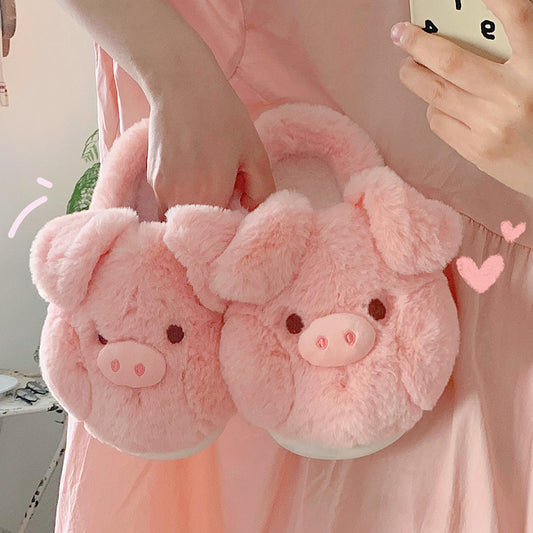 Winter Warm Soft Thick-Sole Furry Slippers for Women, Cute Pink Pig Cotton House Slippers