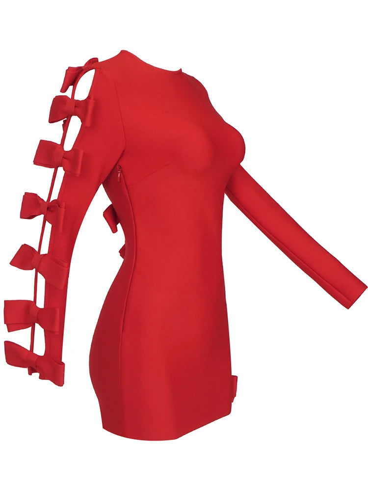 Solid Patchwork Bowknot Hollow Out Slimming Dresses For Women Round Neck Long Sleeve High Waist Mini Dress Female