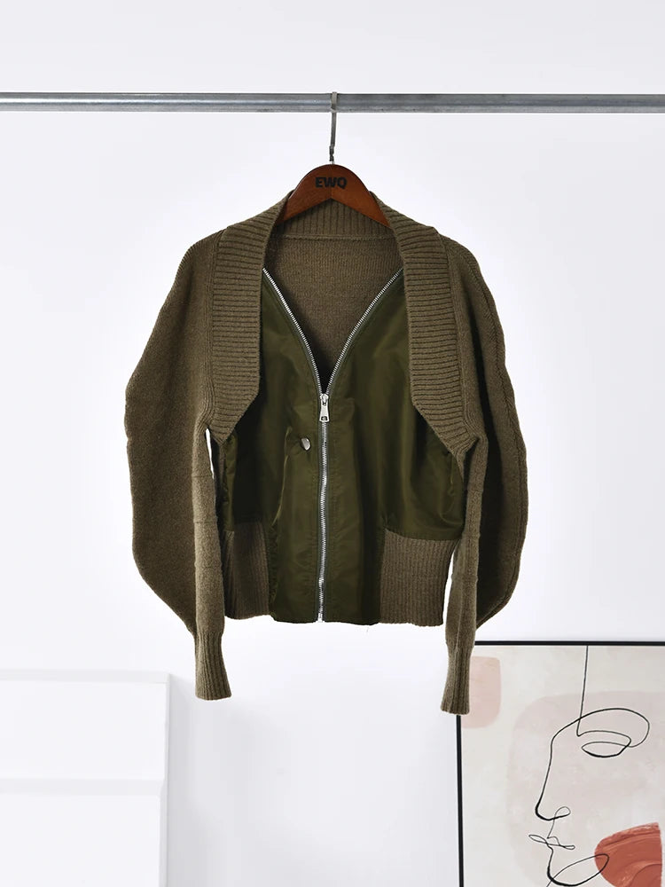 Vintage Knitted Spliced Fake Two Pieces Coat Women Patchwork Bomber Jacket Trend Ladies Outerwear Tops winter