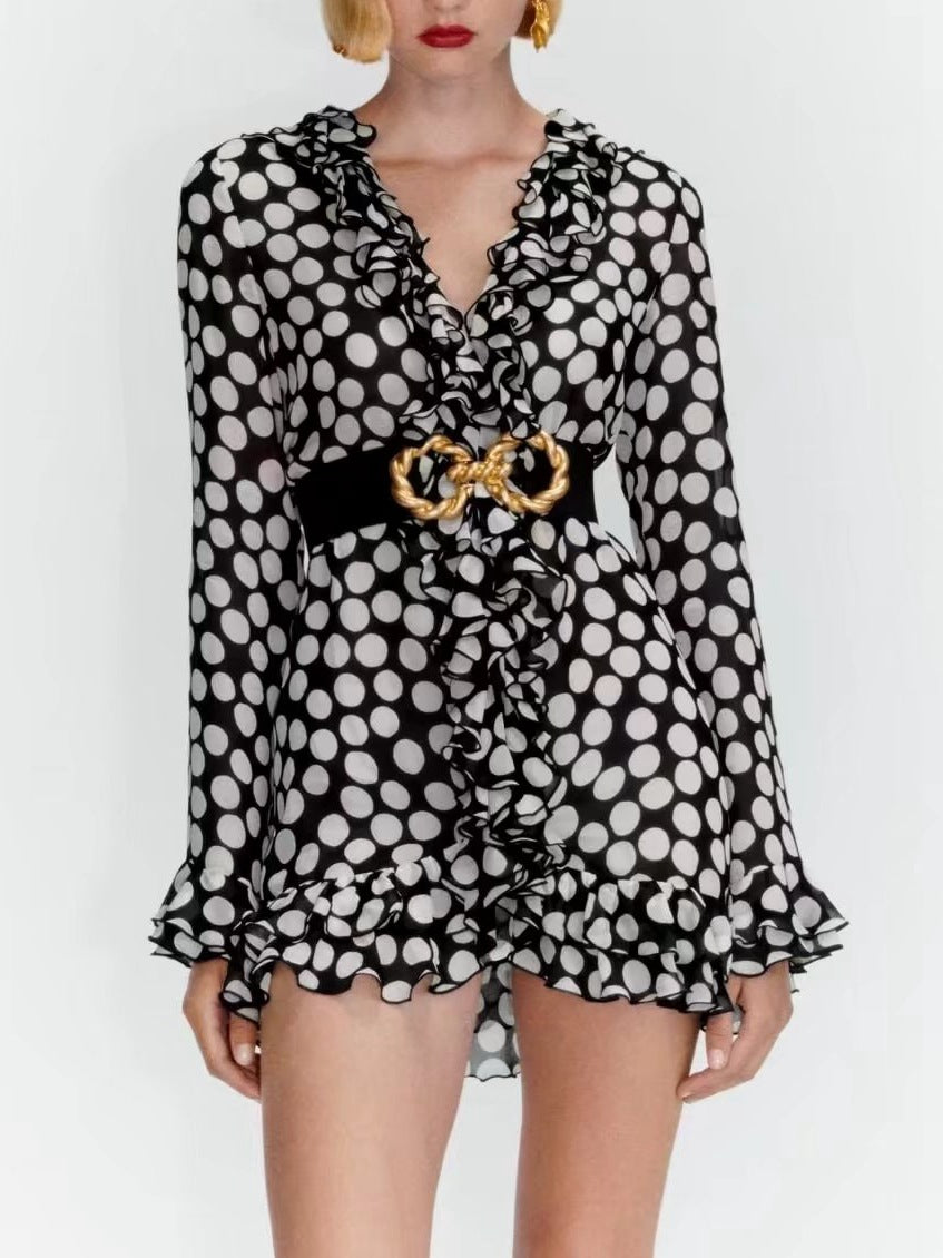 Women Blouse New Traf Fashion Layered Embellished Polka-dot Shirt Loose Shirts Long Sleeve Female Blouses Tops