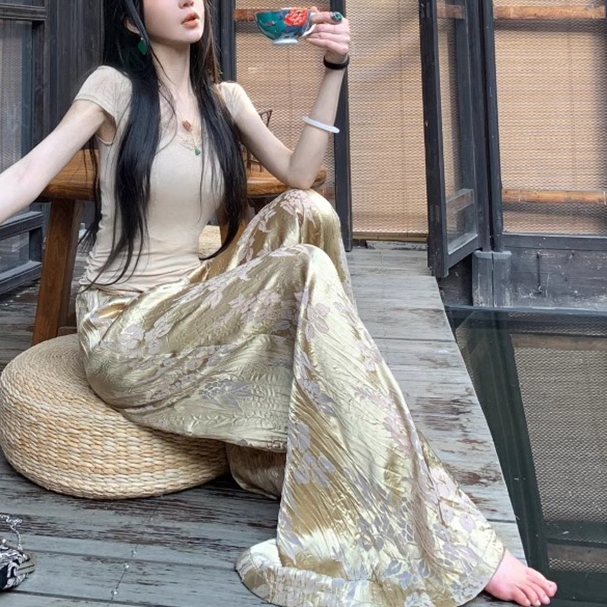 Silk Handmade Knot Summer Casual Wide-Leg Pants for Women