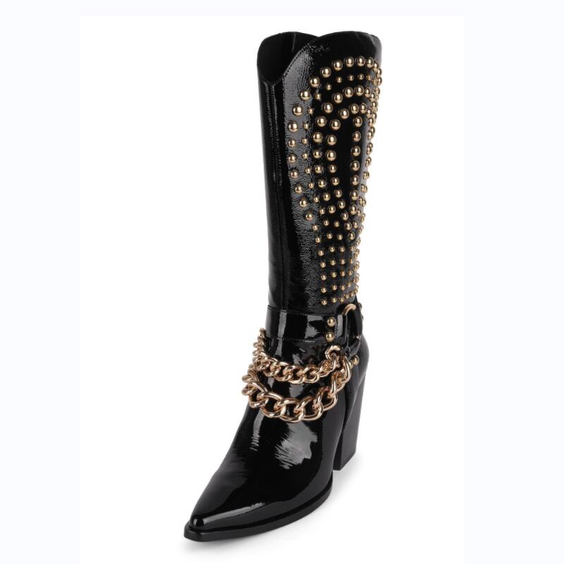 New Punk style western cowboy boots Women's Shoes Thick heel tip Rivet belt buckle Black Patent leather Plus Size
