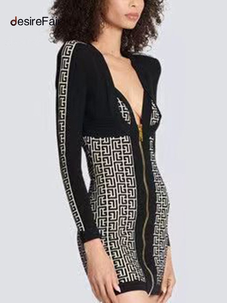 DesireFair Trendy Women Slim Casual Sexy Wind V-Neck Long-Sleeved Jacquard Zipper High Waist Splicing Tight Dresses