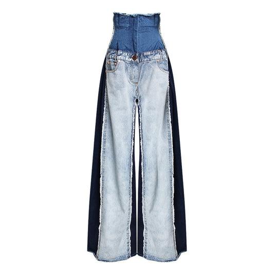 2019 Spring High-Waist Color-Block Wide-Leg Jeans