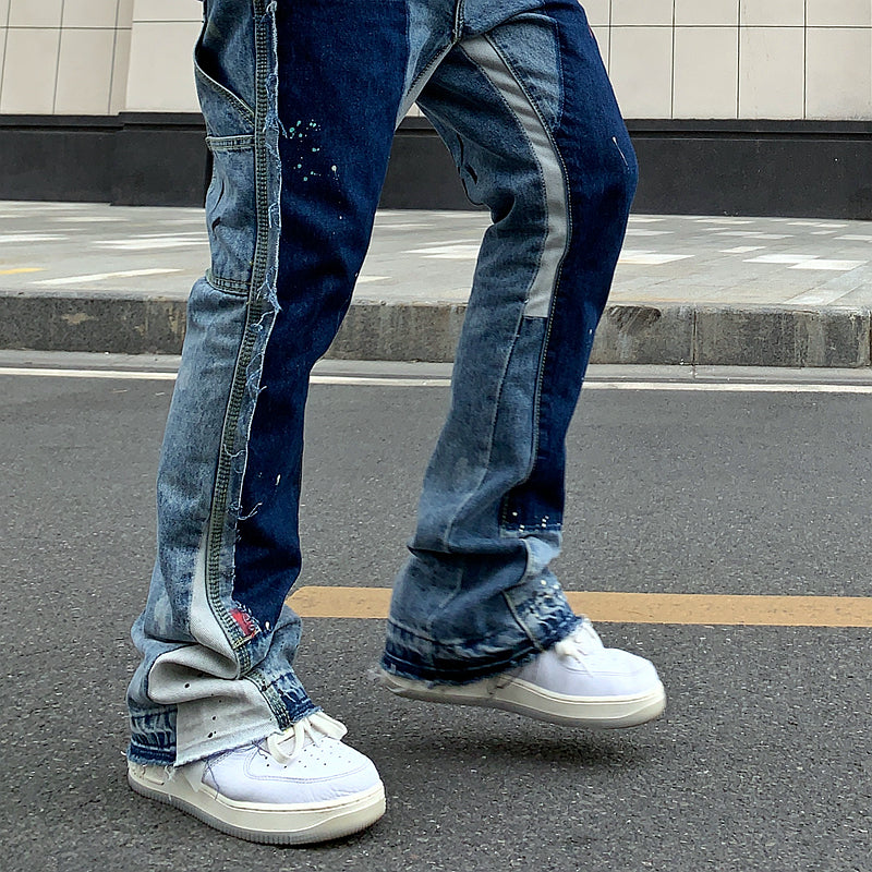Vintage Distressed Splash Ink Flare Jeans for Men