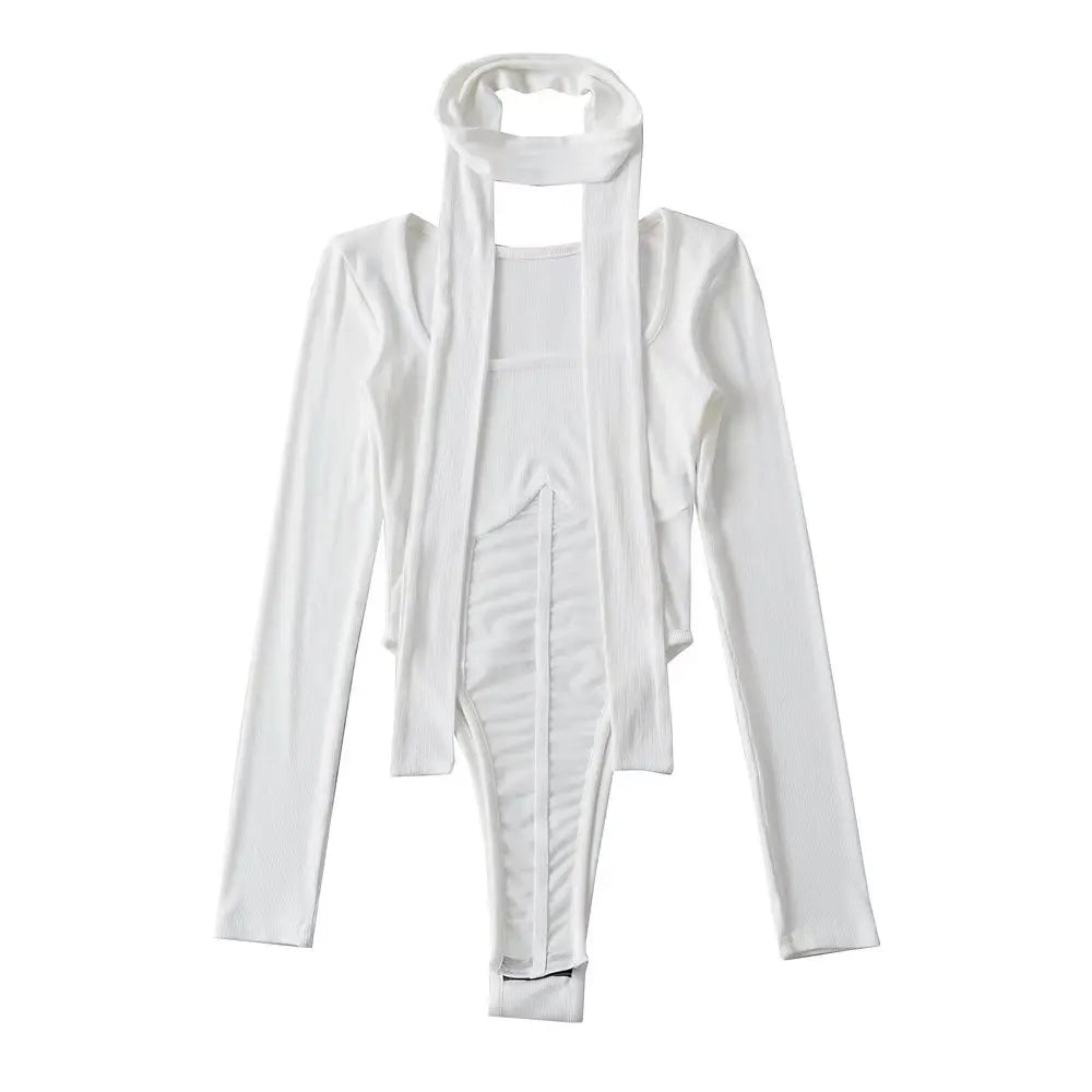 Mesh White bodysuit With Scarf