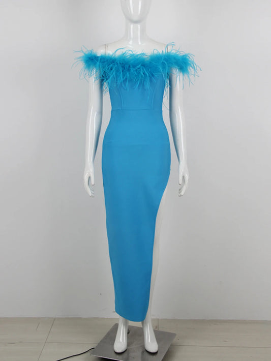 Ladies Blue Off The Shoulder Celebrity Evening Feather Bandage Long Dress Women Sexy Strapless Split Open Leg Club Party Dresses