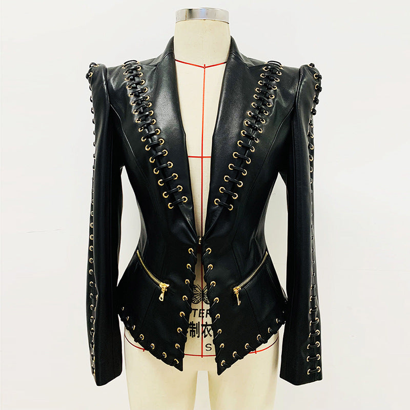 European and American celebrity fashion heavy industry chicken eye tie rope slim fit leather jacket suit jacket jacket
