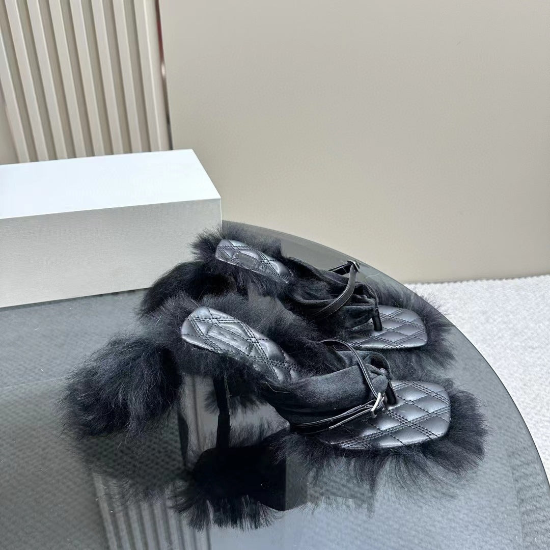 Designer Banquet Edge Fur Pumps Real Leather Sandals Sexy Women Ankle Pinch toe Sandals High Heel Runway Ladies Pumps